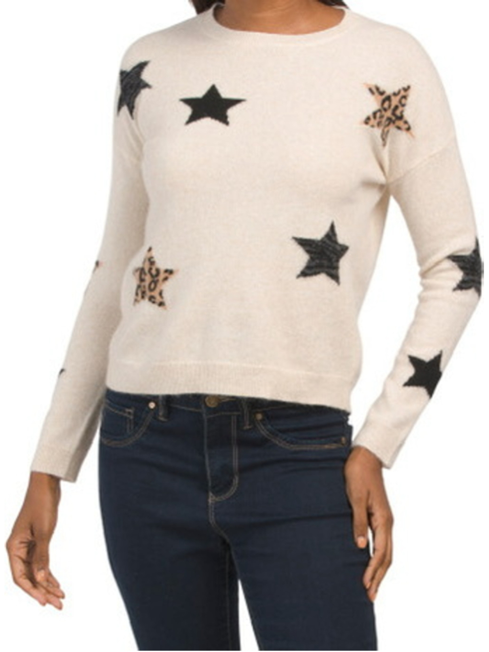 Women's MAGASCHONI Cashmere Crew Neck Sweater XS Beige with Black Stars